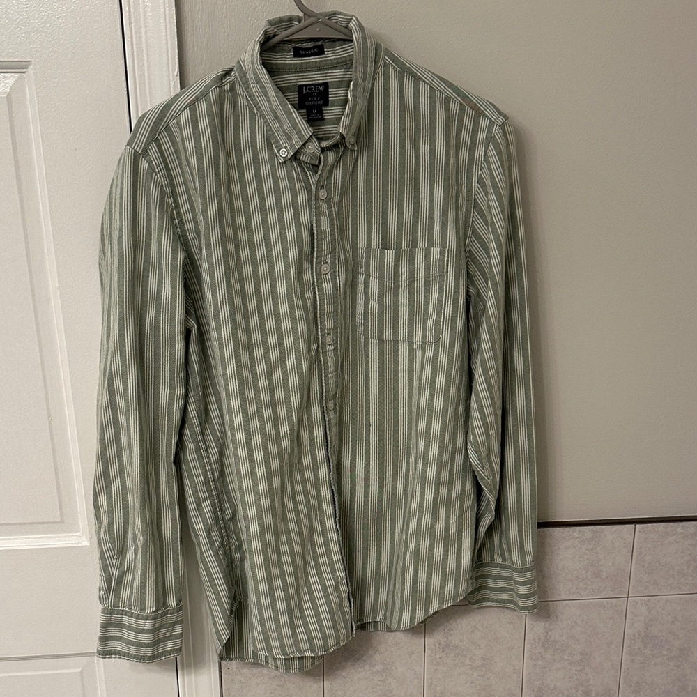 J. Crew Men's Green Striped Button Down Shirt